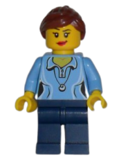 LEGO Medium Blue Female Shirt with Two Buttons and Shell Pendant, Dark Blue Legs, Reddish Brown Ponytail and Swept Sideways Fringe minifigure