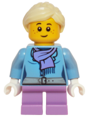 LEGO Medium Blue Jacket with Light Purple Scarf, Medium Lavender Short Legs, Bright Light Yellow Ponytail and Swept Sideways Fringe minifigure