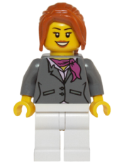 LEGO Dark Bluish Gray Jacket with Magenta Scarf, White Legs, Dark Orange Hair Ponytail Long with Side Bangs minifigure