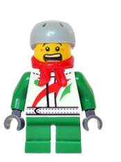 LEGO Octan - Jacket with Red and Green Stripe, Green Short Legs, Red Bandana, Helmet Sports with Vent Holes, Brown Eye Corner Crinkles minifigure