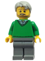 LEGO Green V-Neck Sweater, Dark Bluish Gray Legs, Light Bluish Gray Short Tousled Hair, Beard (Thanksgiving Pop) minifigure
