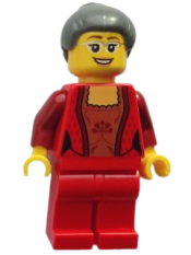 LEGO Female Corset with Gold Panel Front and Lace Up Back Pattern, Red Legs, Dark Bluish Gray Hair with Top Knot Bun (Thanksgiving Mom) minifigure