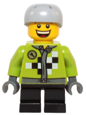 LEGO Lime Jacket with Wrench and Black and White Checkered Pattern, Short Black Legs, Sports Helmet with Vent Holes minifigure