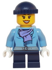 LEGO Medium Blue Jacket with Light Purple Scarf, Dark Blue Short Legs, Dark Blue Knit Cap minifigure