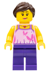 LEGO Girl, Bright Pink Top with Butterflies and Flowers, Dark Purple Legs, Dark Brown Ponytail and Swept Sideways Fringe minifigure