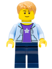 LEGO Boy, Bright Light Blue Hoodie with White Star, Dark Blue Legs, Medium Nougat Hair Short Tousled with Side Part minifigure