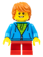 LEGO Birthday Boy, Dark Orange Hair, Dark Azure Torso Hoodie, Red Short Legs minifigure