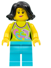 LEGO Female Lime Halter Top with Dolphin Pattern, Medium Azure Legs, Black Female Hair Short Swept Sideways minifigure