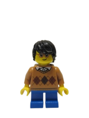 LEGO Boy - Medium Nougat Argyle Sweater, Blue Short Legs, Black Hair, Glasses minifigure