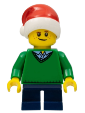 LEGO Boy, Green V-Neck Sweater, Dark Blue Short Legs, Santa Hat minifigure