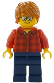 LEGO Plaid Flannel Shirt with Collar and 5 Buttons, Dark Blue Legs, Dark Orange Hair, Glasses minifigure