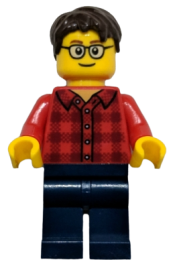 LEGO Plaid Flannel Shirt with Collar and 5 Buttons, Dark Blue Legs, Dark Brown Hair, Glasses minifigure