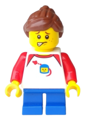 LEGO Girl - Shirt with Red Collar, Spaceship Orbiting Classic Space Helmet, Blue Short Legs, Ponytail and Swept Sideways Fringe, Freckles minifigure