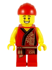 LEGO Lion Dance Musician, Red Head Wrap, Smile, Red Robe with Gold Dragon minifigure