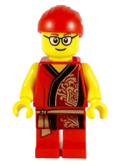 LEGO Lion Dance Musician, Red Head Wrap, Glasses, Red Robe with Gold Dragon minifigure