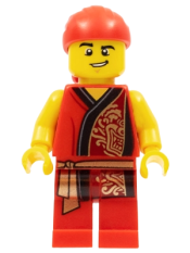 LEGO Lion Dance Musician, Red Head Wrap, Lopsided Grin, Raised Eyebrow, Red Robe with Gold Dragon minifigure