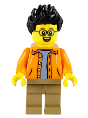 LEGO Man, Black Spiky Hair, Glasses, Orange Jacket, Sand Blue Shirt, Dark Tan Legs minifigure