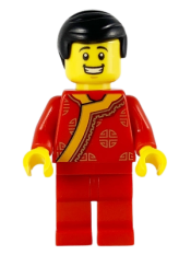 LEGO Toy Vendor, Black Hair, Red Changshan with Bright Light Orange Wide Hem, Gold Circles Pattern minifigure