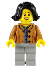 LEGO Woman, Black Hair, Medium Nougat Jacket, Dark Bluish Gray Shirt, Light Bluish Gray Legs minifigure