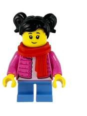 LEGO Child Girl, Black Hair, Red Scarf, Dark Pink Puffy Jacket, White Shirt, Medium Blue Short Legs minifigure