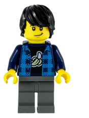 LEGO Man, Black Hair, Dark Azure Plaid Vest, Dark Blue Banana Shirt, Dark Bluish Gray Legs minifigure