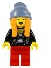 LEGO Woman, Sand Blue Stocking Cap, Orange Braids, Black Jacket, Striped Shirt, Red Legs minifigure