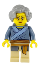 LEGO Porcelain Vendor, Female, Light Bluish Gray Hair, Glasses, Sand Blue Tunic, Medium Nougat Sash, Tan Legs minifigure