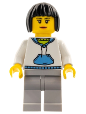 LEGO Woman, Black Hair, White Hoodie with Medium Blue Pouch and Hood, Light Bluish Gray Legs minifigure