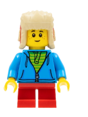 LEGO Child Boy, Red Ushanka Hat, Dark Azure Hoodie, Lime Shirt, Red Short Legs minifigure