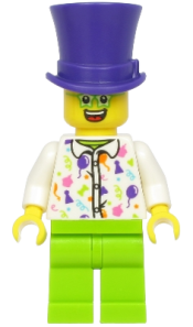 LEGO Birthday Party Guest, Dark Purple Top Hat, Green Glasses, White Shirt, Lime Legs minifigure