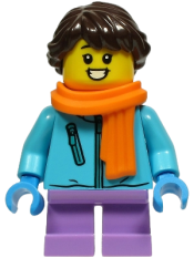 LEGO Girl - Medium Azure Winter Jacket, Medium Lavender Short Legs, Dark Brown Hair, Orange Scarf minifigure