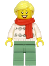 LEGO Woman, White Turtleneck Sweater, Sand Green Legs, Bright Light Yellow Hair, Red Scarf minifigure