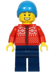 LEGO Man, Red Winter Jacket, Dark Blue Legs, Dark Azure Ski Beanie Hat minifigure
