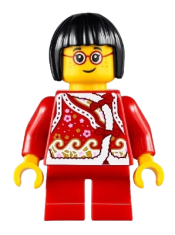 LEGO Child Girl, Red Shirt with Bows and Flowers, Red Short Legs, Black Short Hair, Glasses minifigure