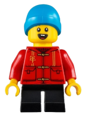 LEGO Child Boy, Red Shirt, Black Short Legs, Dark Azure Beanie minifigure