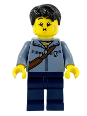 LEGO Man, Sand Blue Jacket and Reddish Brown Satchel, Dark Blue Legs, Black Hair minifigure