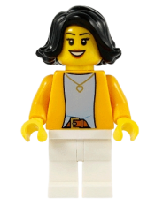 LEGO Woman, Bright Light Orange Jacket over Light Bluish Gray Shirt, White Legs, Black Mid-Length Hair minifigure