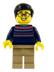 LEGO Man, Dark Blue Sweater, Dark Tan Legs, Black Hair, Glasses minifigure