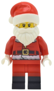 LEGO Santa, Red Legs, Black Boots Fur Lined Jacket with Button and Candy Cane on Back, Gray Bushy Eyebrows minifigure