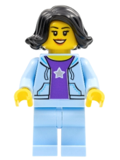 LEGO Woman, Black Hair, Bright Light Blue Jacket, Dark Purple Star Shirt, Bright Light Blue Legs minifigure