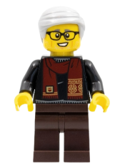LEGO Grandfather, Black Shirt with Dark Red Scarf, Dark Brown Legs, Light Bluish Gray Hair minifigure