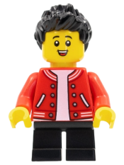 LEGO Child Boy, Red Jacket over White Shirt, Black Short Legs, Black Hair minifigure