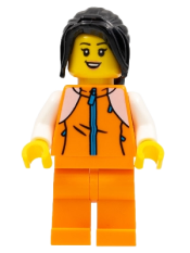 LEGO Woman, Orange Track Suit, Long Black Hair minifigure