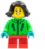 LEGO Child Girl, Bright Green Jacket, Black Hair, Red Short Legs minifigure