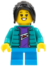 LEGO Child Girl, Dark Turquoise Jacket, Dark Purple Shirt, Dark Azure Short Legs, Black Long Hair minifigure
