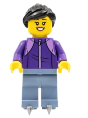 LEGO Woman, Black Hair, Dark Purple Jacket, Sand Blue Legs, Ice Skates minifigure