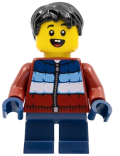 LEGO Child Boy, Dark Red Coat, Dark Blue Short Legs, Black Hair minifigure