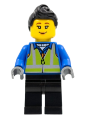 LEGO Woman, Black Hair, Blue Coat, Lime Safety Vest, Black Legs minifigure