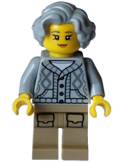 LEGO Lodge Owner - Female, Light Bluish Gray Knit Cable Cardigan Sweater, Dark Tan Legs with Pockets, Wavy Hair minifigure