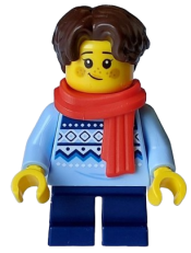 LEGO Child - Girl, Bright Light Blue Knit Fair Isle Sweater, Dark Blue Short Legs, Dark Brown Hair, Freckles, Red Scarf minifigure